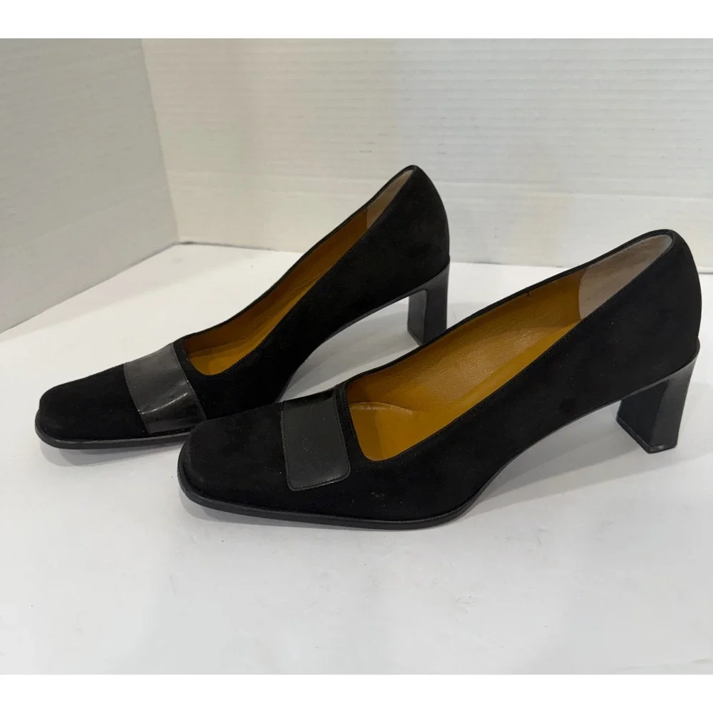 Gucci Black Suede Patent Square Toe Block Heel Pump Shoes 6C Wide